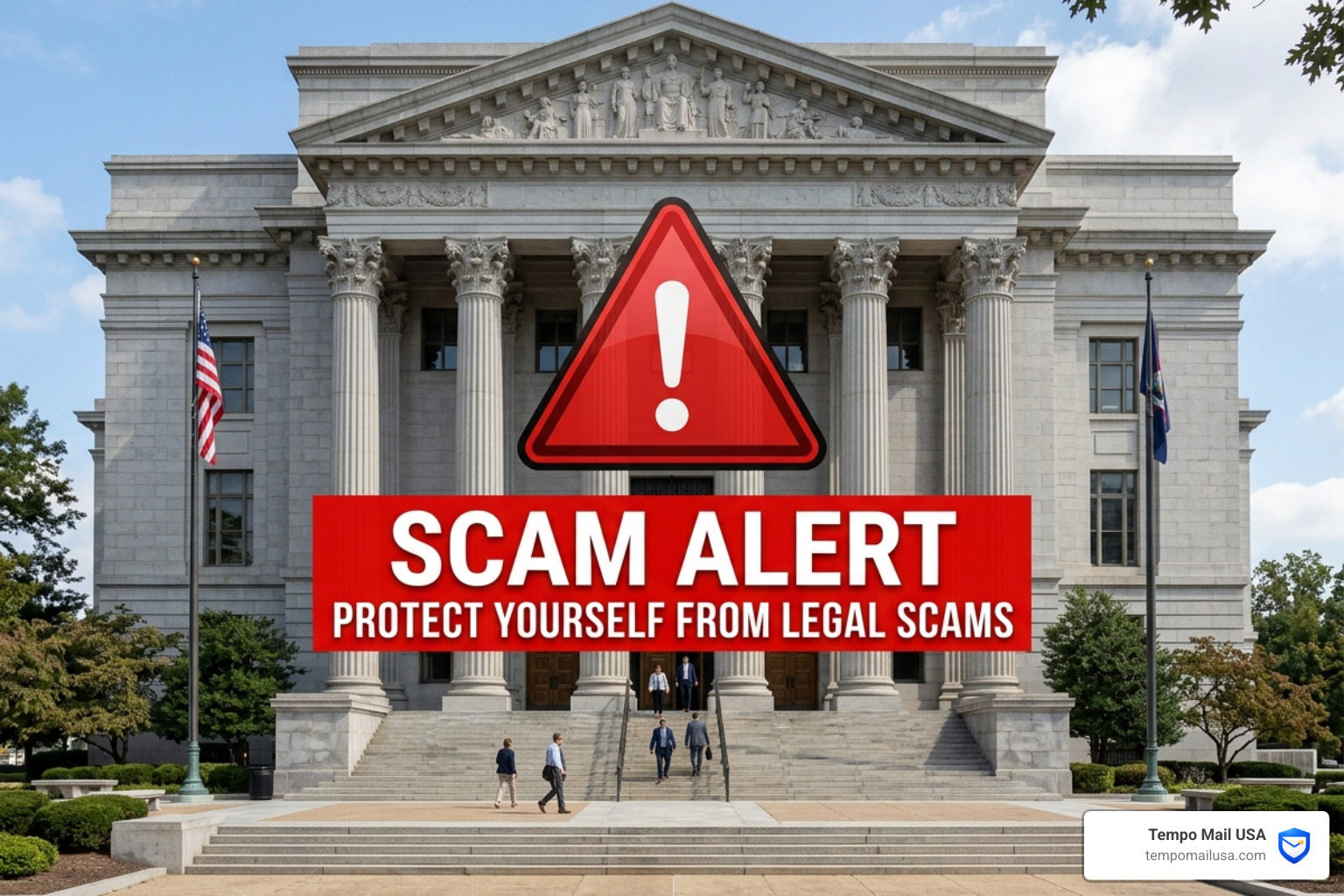 Courthouse with a warning overlay representing a scam alert - michael rodriguez court Courthouse with a warning overlay representing a scam alert - michael rodriguez court