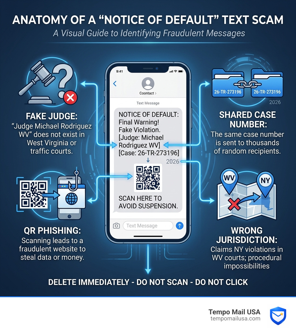 Infographic: anatomy of a Notice of Default text scam - fake judge, shared case number, QR phishing, wrong jurisdiction Infographic: anatomy of a Notice of Default text scam - fake judge, shared case number, QR phishing, wrong jurisdiction