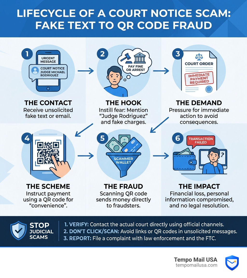 Lifecycle of a court notice scam from fake text to QR code payment fraud infographic - judge michael rodriguez oregon Lifecycle of a court notice scam from fake text to QR code payment fraud infographic - judge michael rodriguez oregon