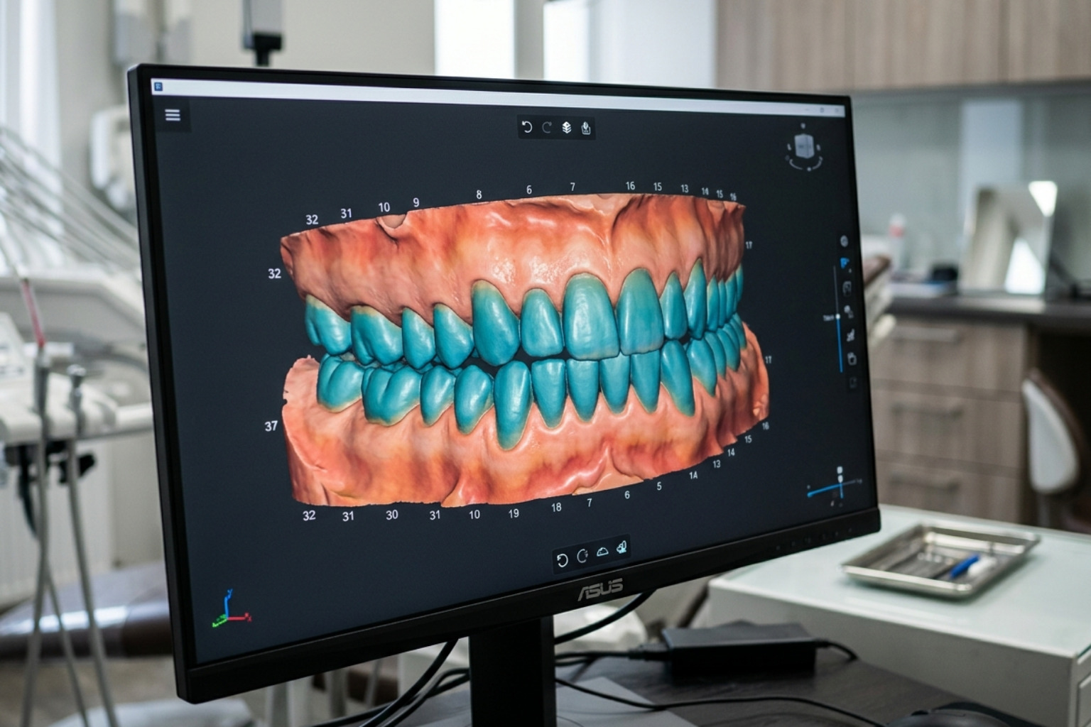 3D digital scan of teeth on a monitor.