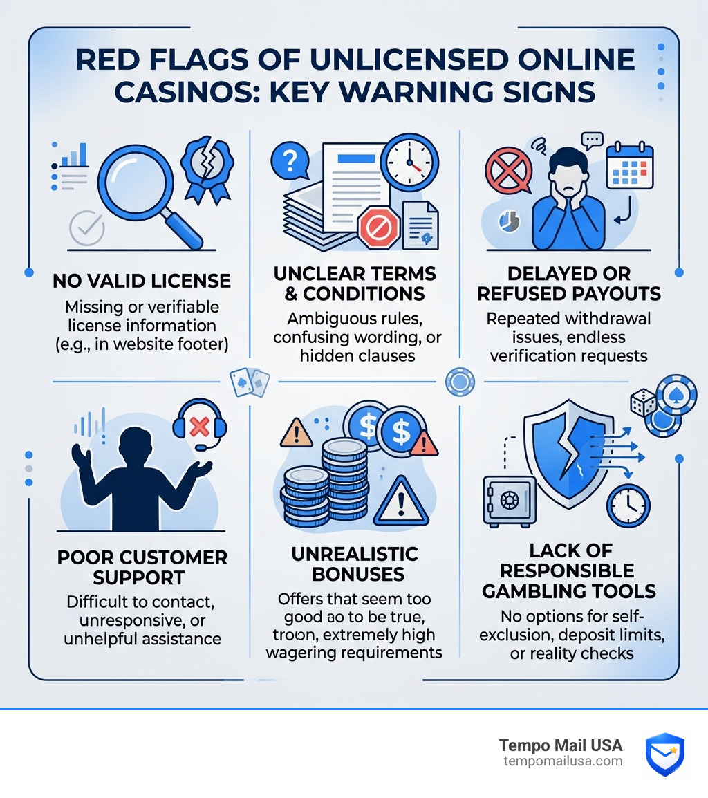 Red flags of unlicensed online casinos infographic with key warning signs - winnita casino scam infographic Red flags of unlicensed online casinos infographic with key warning signs - winnita casino scam infographic