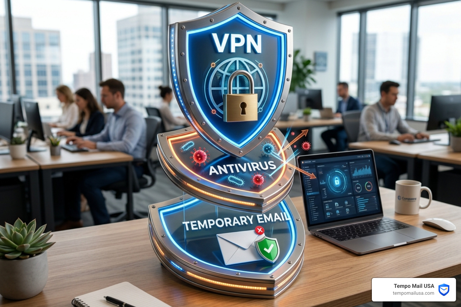 Visual representation of a cybersecurity protection stack: VPN, Antivirus, and Temporary Email - judge michael rodriguez