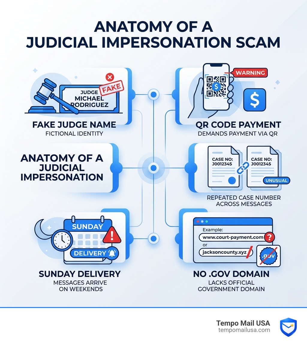Anatomy of a judicial impersonation scam: fake judge name, QR code payment, identical case numbers, Sunday delivery, no .gov
