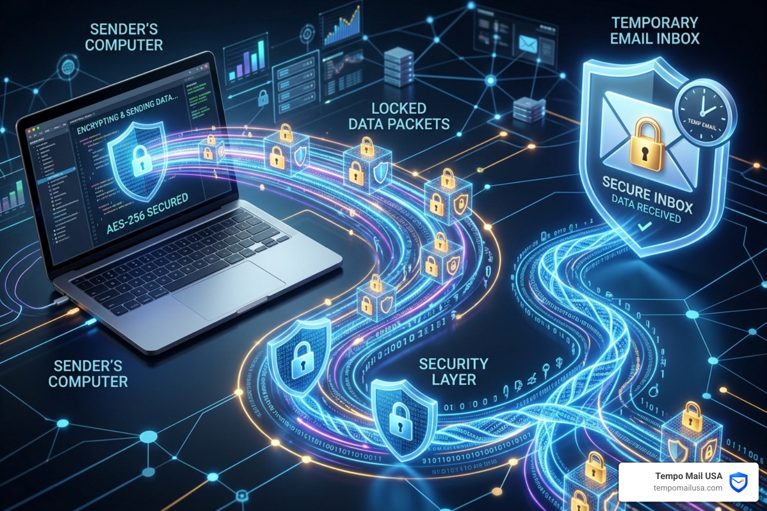 Secure data transmission showing encrypted pathways between the sender and the temporary inbox - internxt temp mail