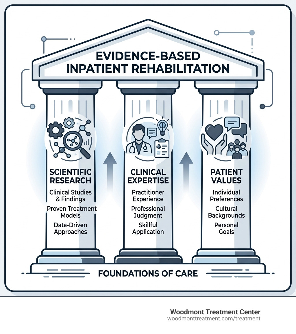 Infographic showing three pillars of evidence-based inpatient rehab: scientific research, clinical expertise, and patient