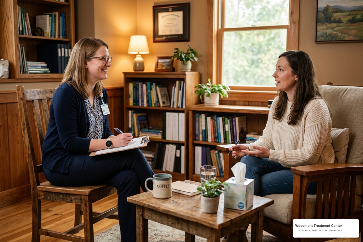 A professional clinician in a warm, wood-toned office conducting a personalized assessment with a patient - evidence based