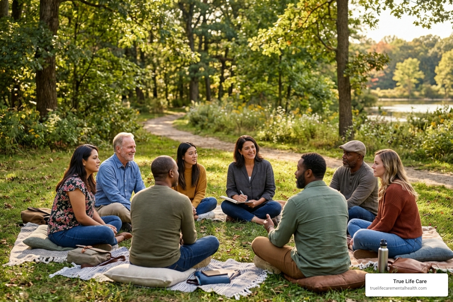 therapist leading a small group therapy session outdoors in a natural setting - mental health and wellness retreat