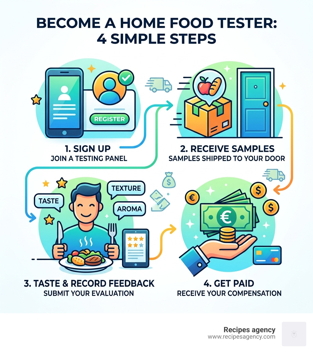 4-step infographic: sign up, receive samples, taste and record feedback, get paid - food product tester at home infographic 