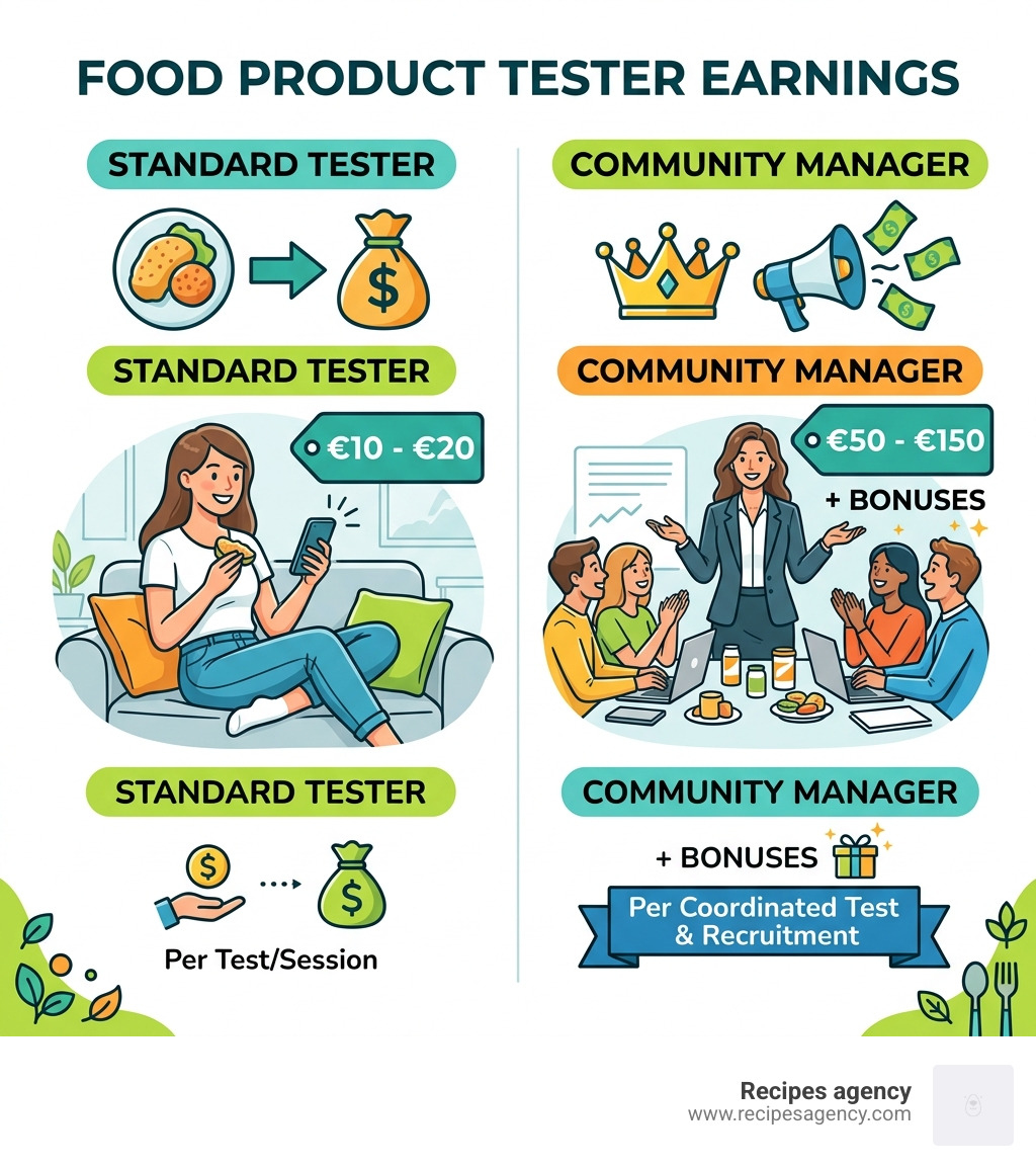 Table comparing tester earnings: Standard Tester €10-€20, Community Manager €50-€150 + bonuses - food product tester at home