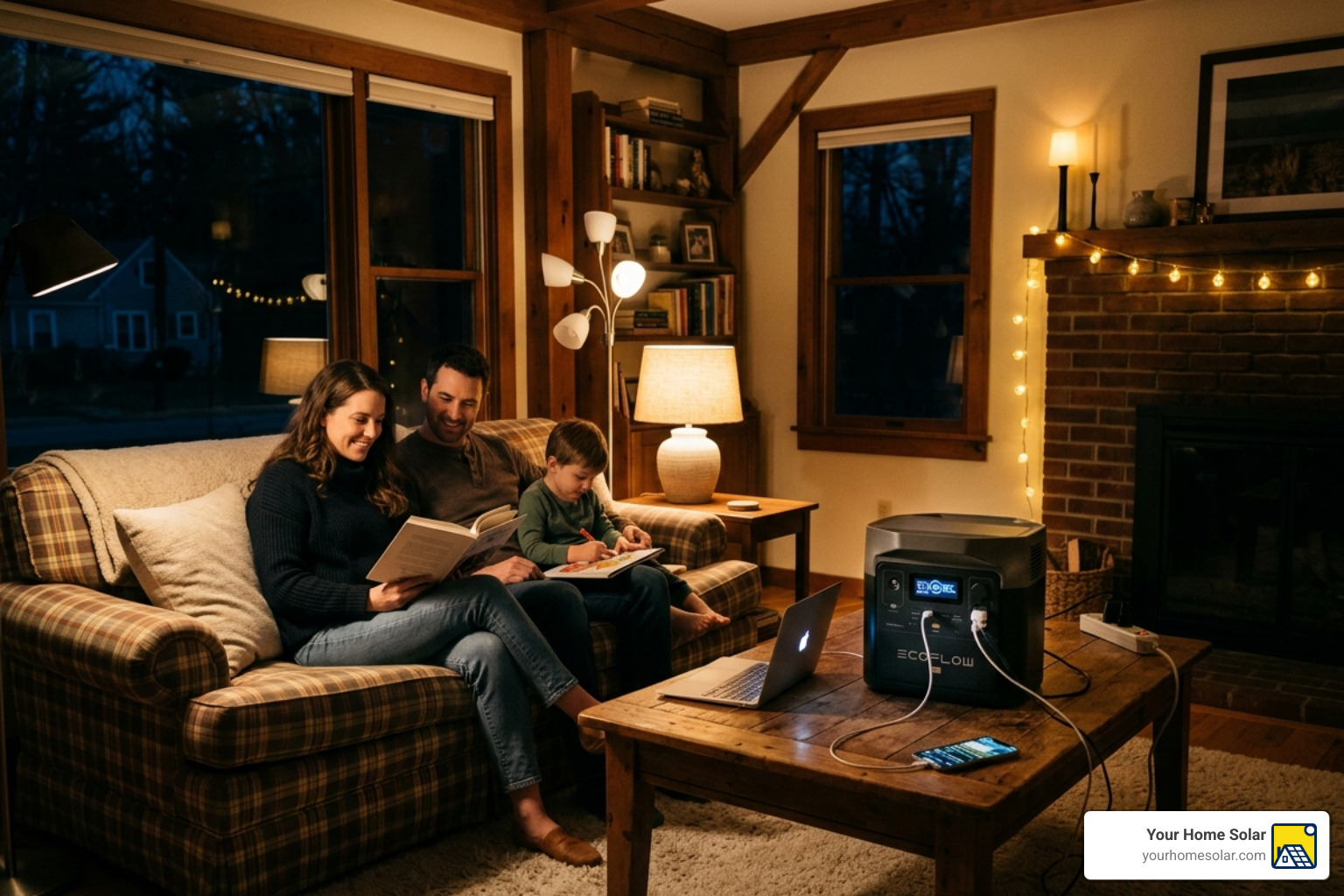 A portable power station lighting up a living room during a night-time power outage - portable solar system for home A portable power station lighting up a living room during a night-time power outage - portable solar system for home
