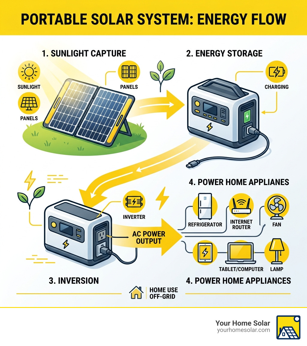 Infographic showing energy flow from portable solar panels to battery storage to home appliances - portable solar system for Infographic showing energy flow from portable solar panels to battery storage to home appliances - portable solar system for