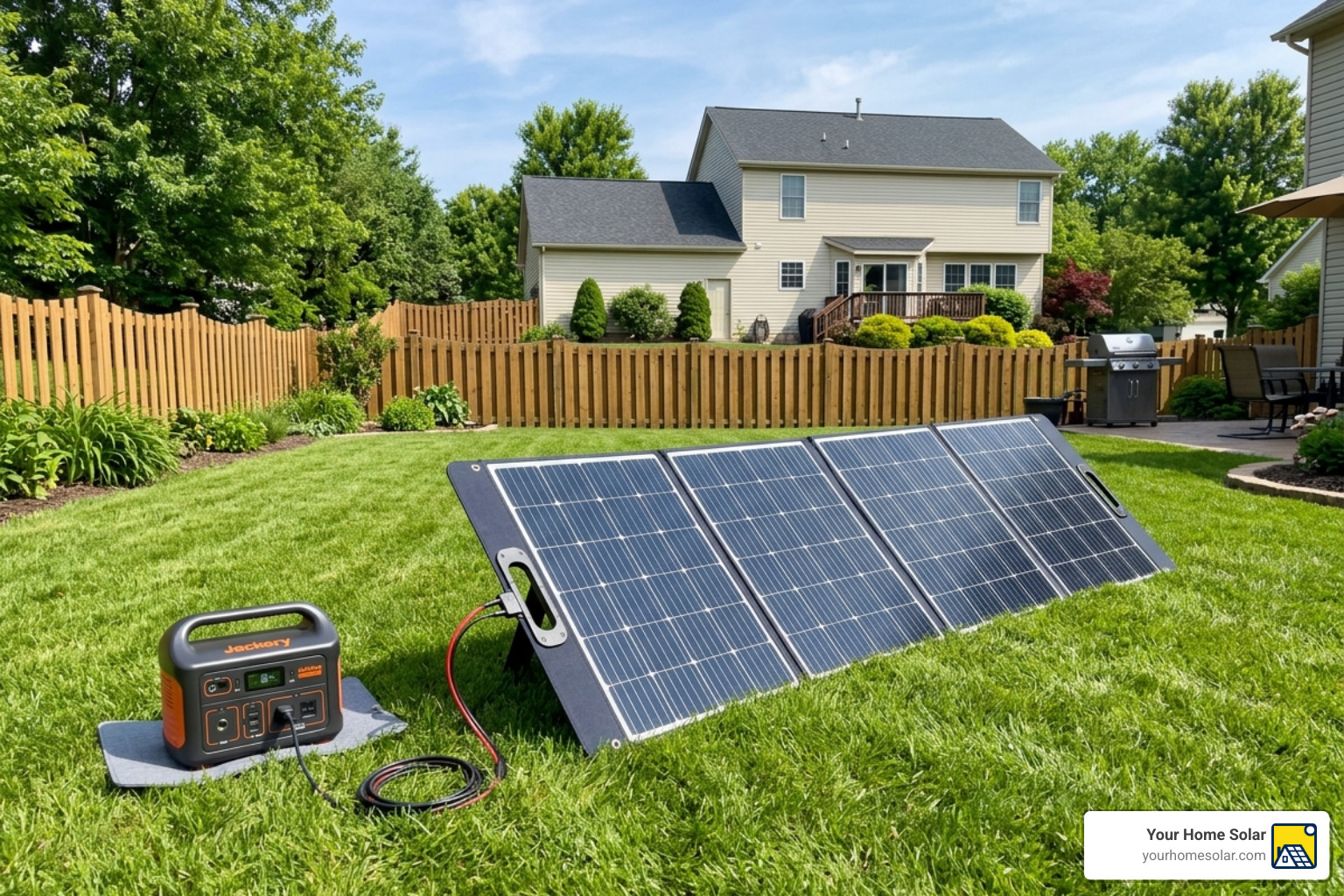 Foldable monocrystalline solar panels set up in a backyard - portable solar system for home Foldable monocrystalline solar panels set up in a backyard - portable solar system for home
