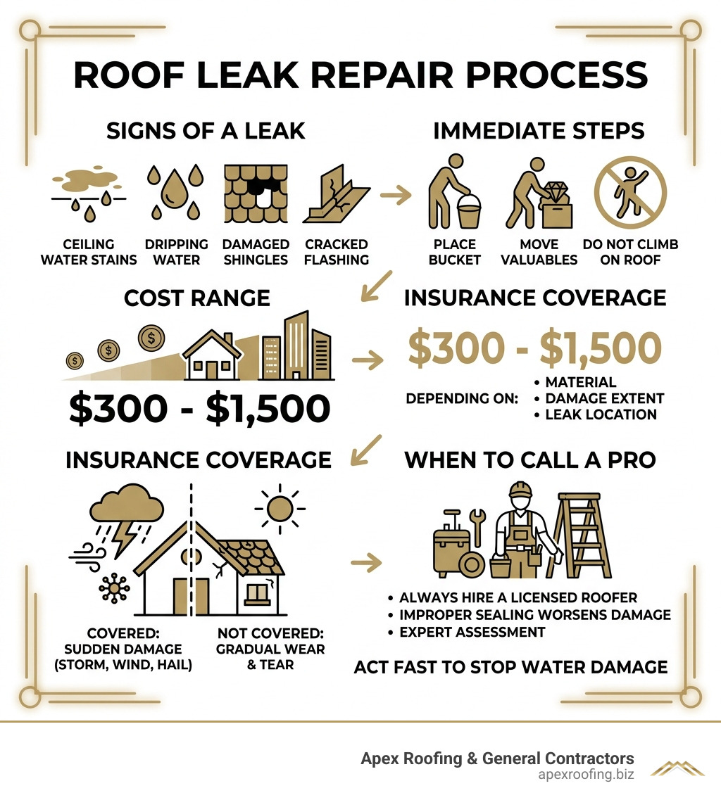 Infographic showing roof leak repair process: signs of a leak, immediate steps, cost range, insurance coverage, and when to
