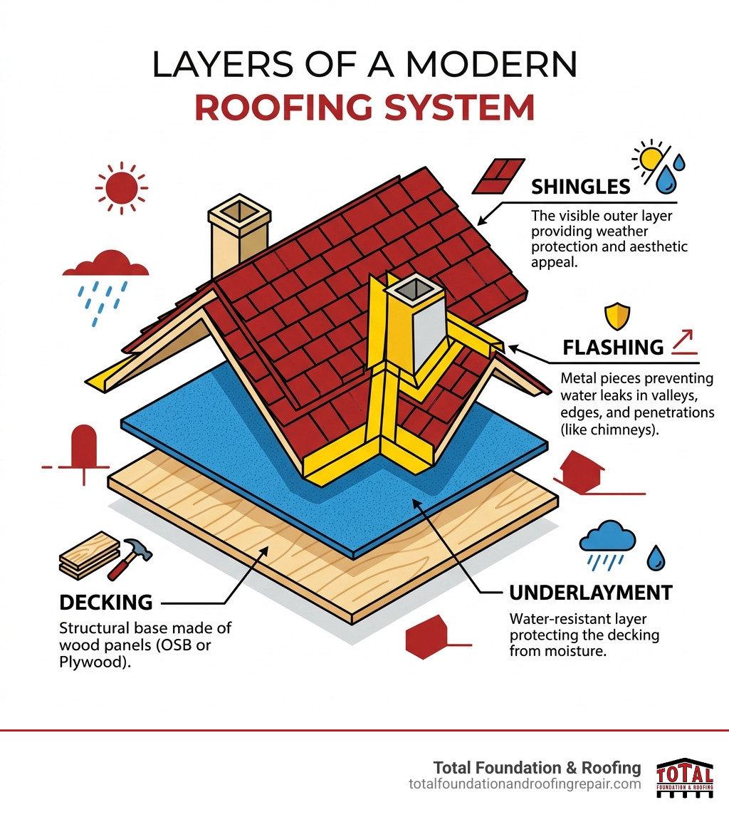 Layers of a modern roofing system: decking, underlayment, flashing, and shingles explained - roofer infographic Layers of a modern roofing system: decking, underlayment, flashing, and shingles explained - roofer infographic
