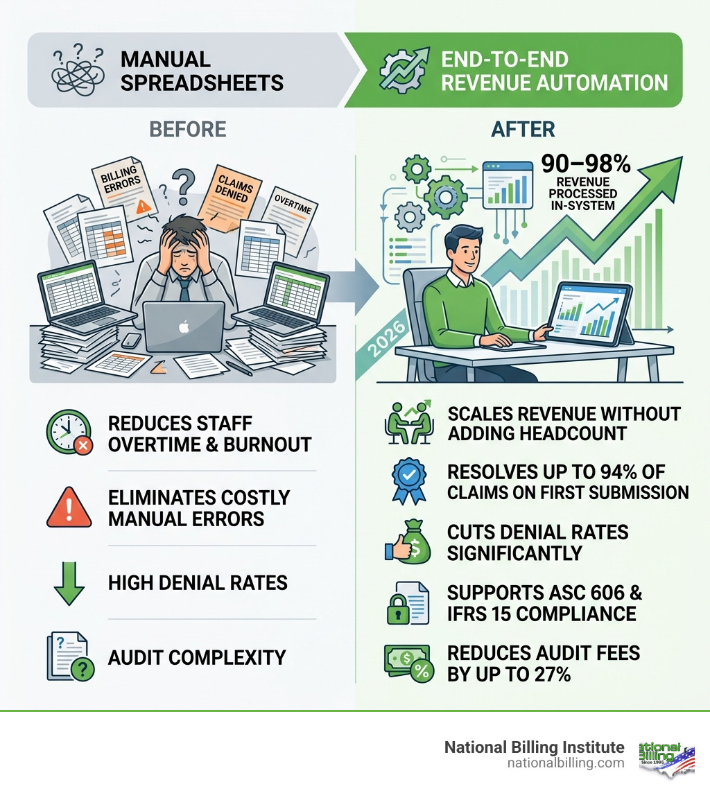 infographic showing shift from manual spreadsheets to end-to-end revenue automation with key metrics - automated revenue