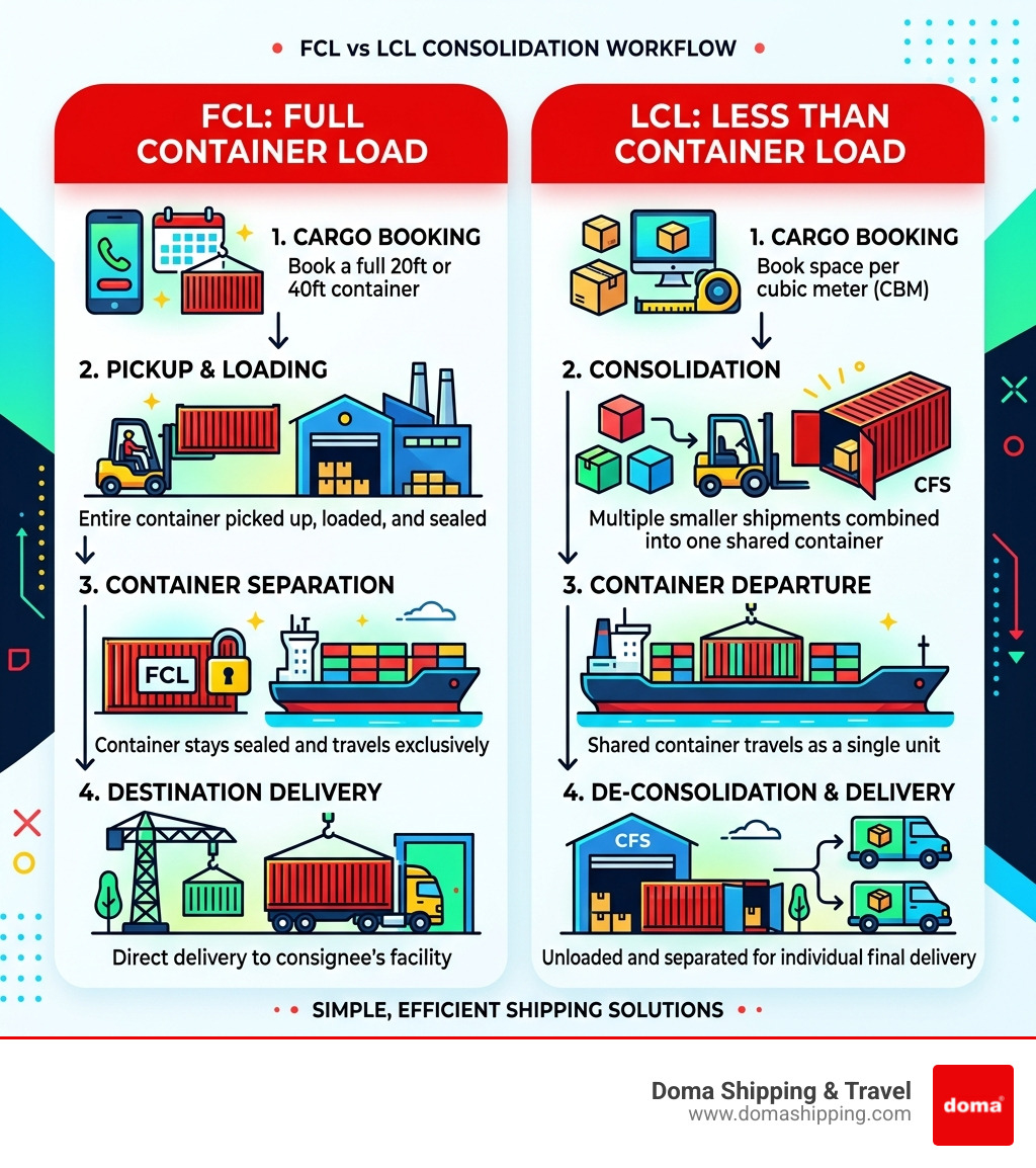 FCL vs LCL consolidation workflow infographic showing step-by-step process for both shipping methods - fcl lcl logistics FCL vs LCL consolidation workflow infographic showing step-by-step process for both shipping methods - fcl lcl logistics