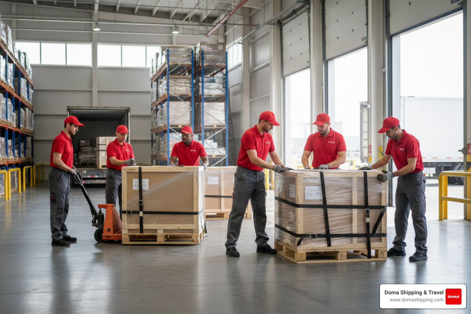 Doma Shipping warehouse team in red uniforms securing commercial cargo on pallets for international transit to Europe - fcl Doma Shipping warehouse team in red uniforms securing commercial cargo on pallets for international transit to Europe - fcl