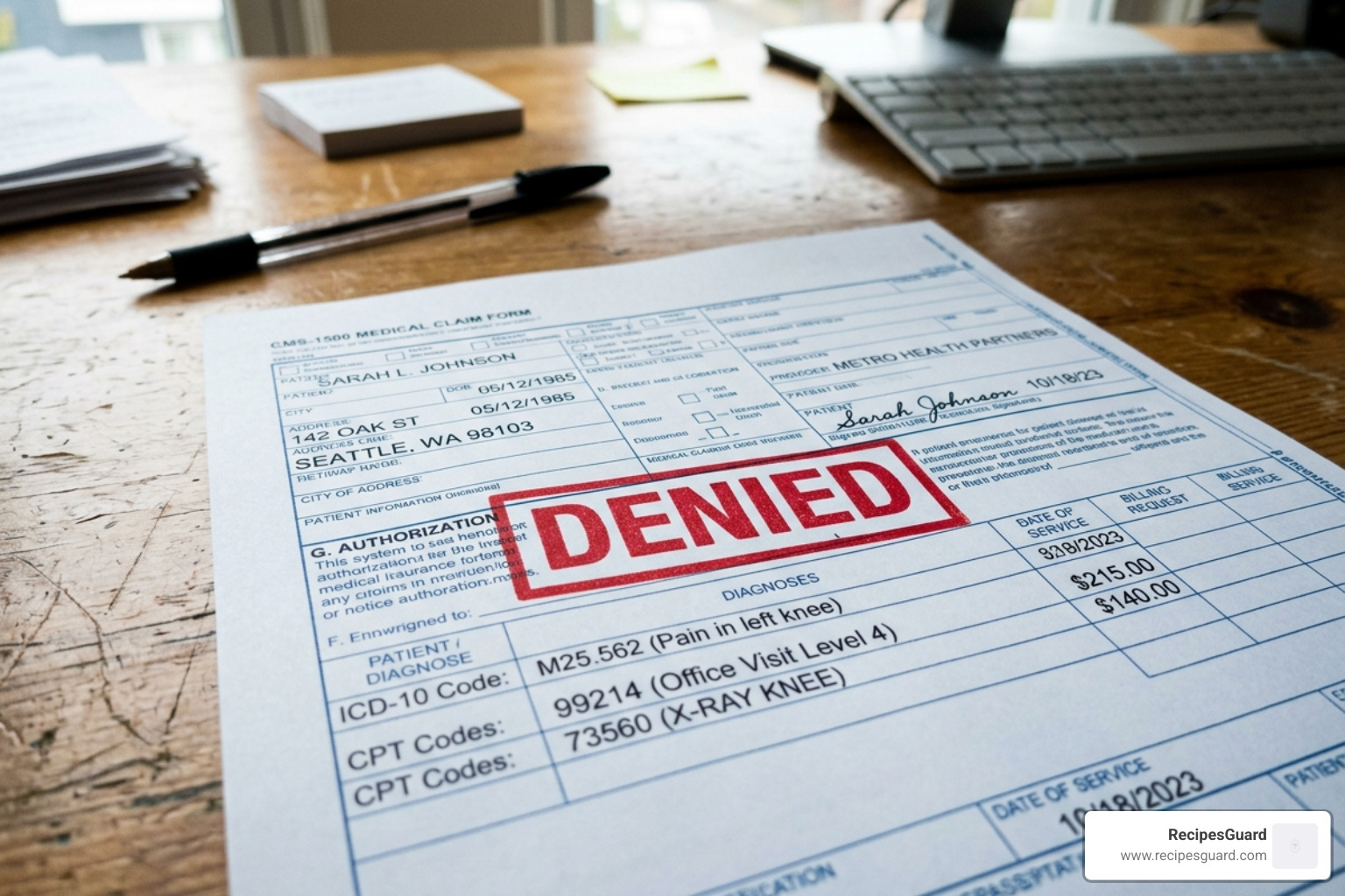 a "Denied" stamp on a medical claim form - health insurance undiagnosed condition