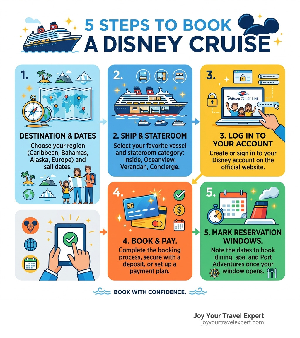5 steps to book a Disney cruise infographic from destination to reservation confirmation - book a disney cruise infographic 