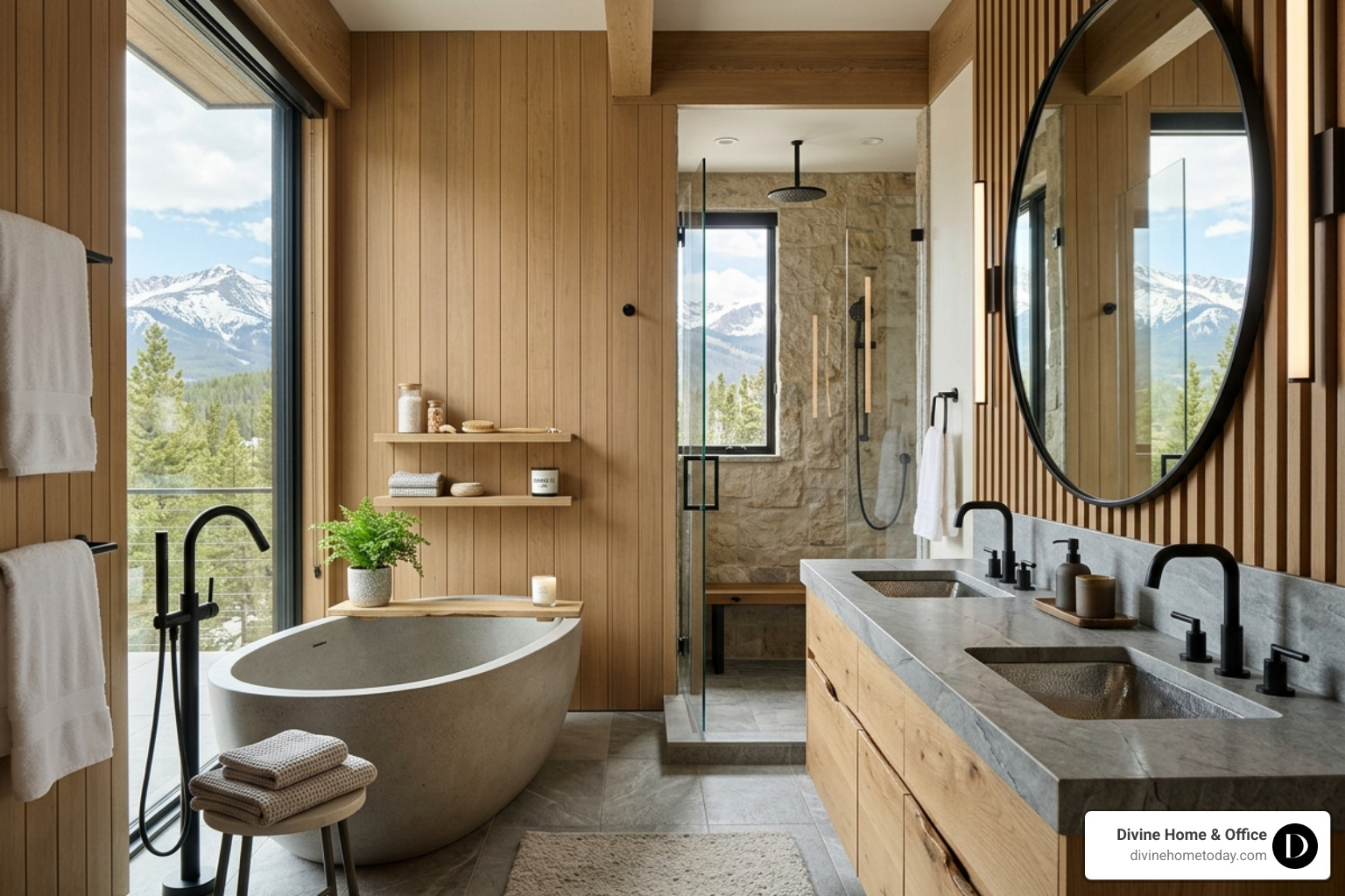 Spa-like modern mountain bathroom in a Denver luxury home stone counters natural wood vanity - coastal modern farmhouse decor Spa-like modern mountain bathroom in a Denver luxury home stone counters natural wood vanity - coastal modern farmhouse decor