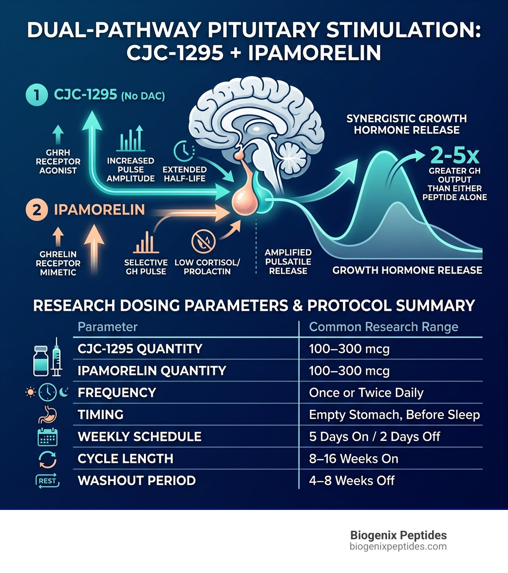 Infographic showing dual-pathway pituitary stimulation by CJC-1295 and Ipamorelin with research dosing parameters - cjc 1295