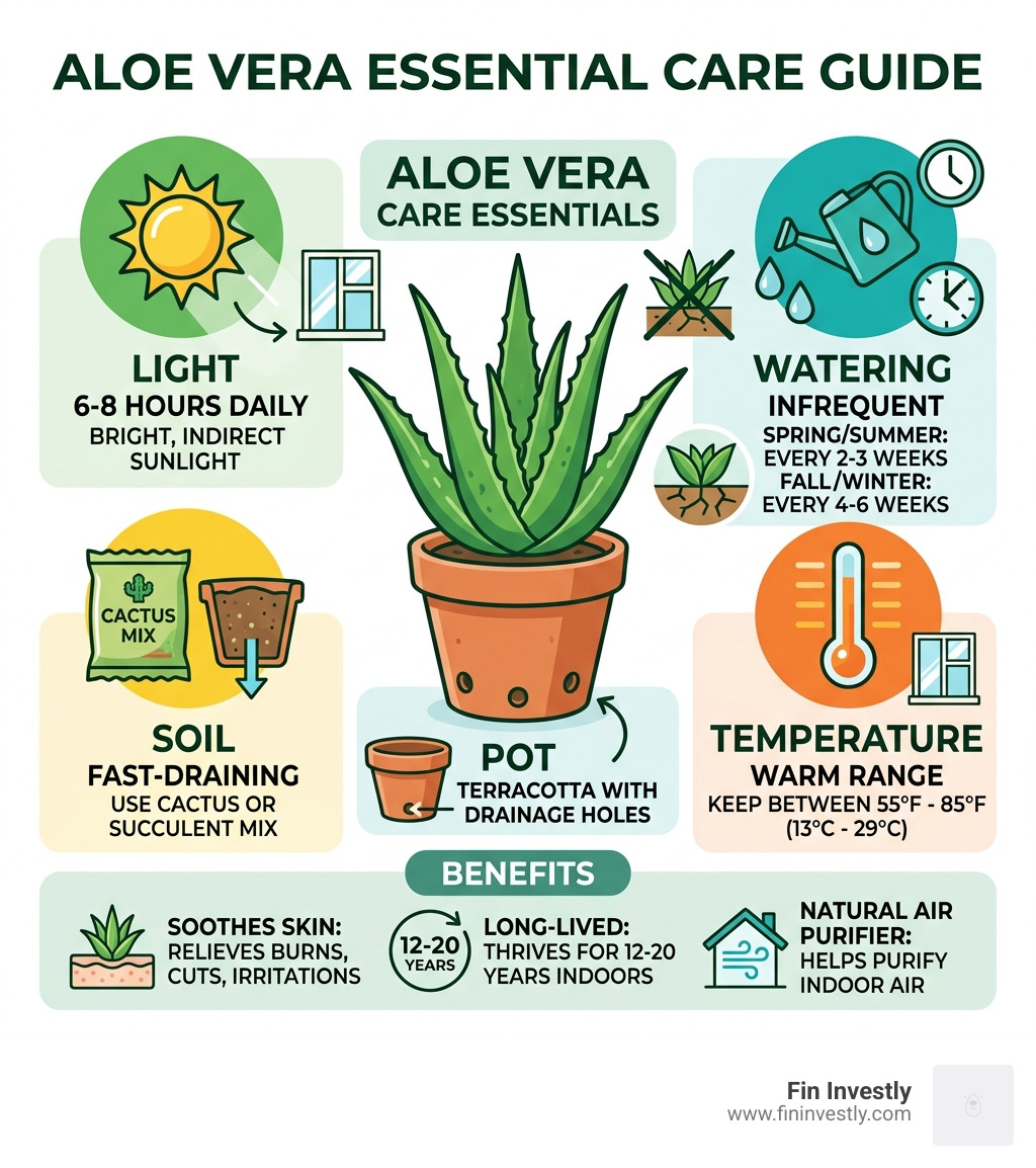 Infographic showing aloe vera care essentials: light, watering, soil, temperature, and benefits - care of aloe vera plants