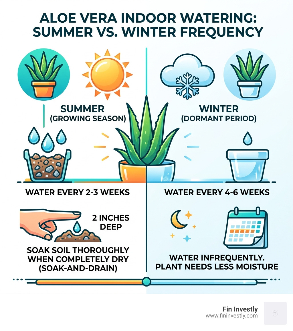 Infographic comparing summer vs. winter watering frequencies for indoor aloe vera - care of aloe vera plants indoors