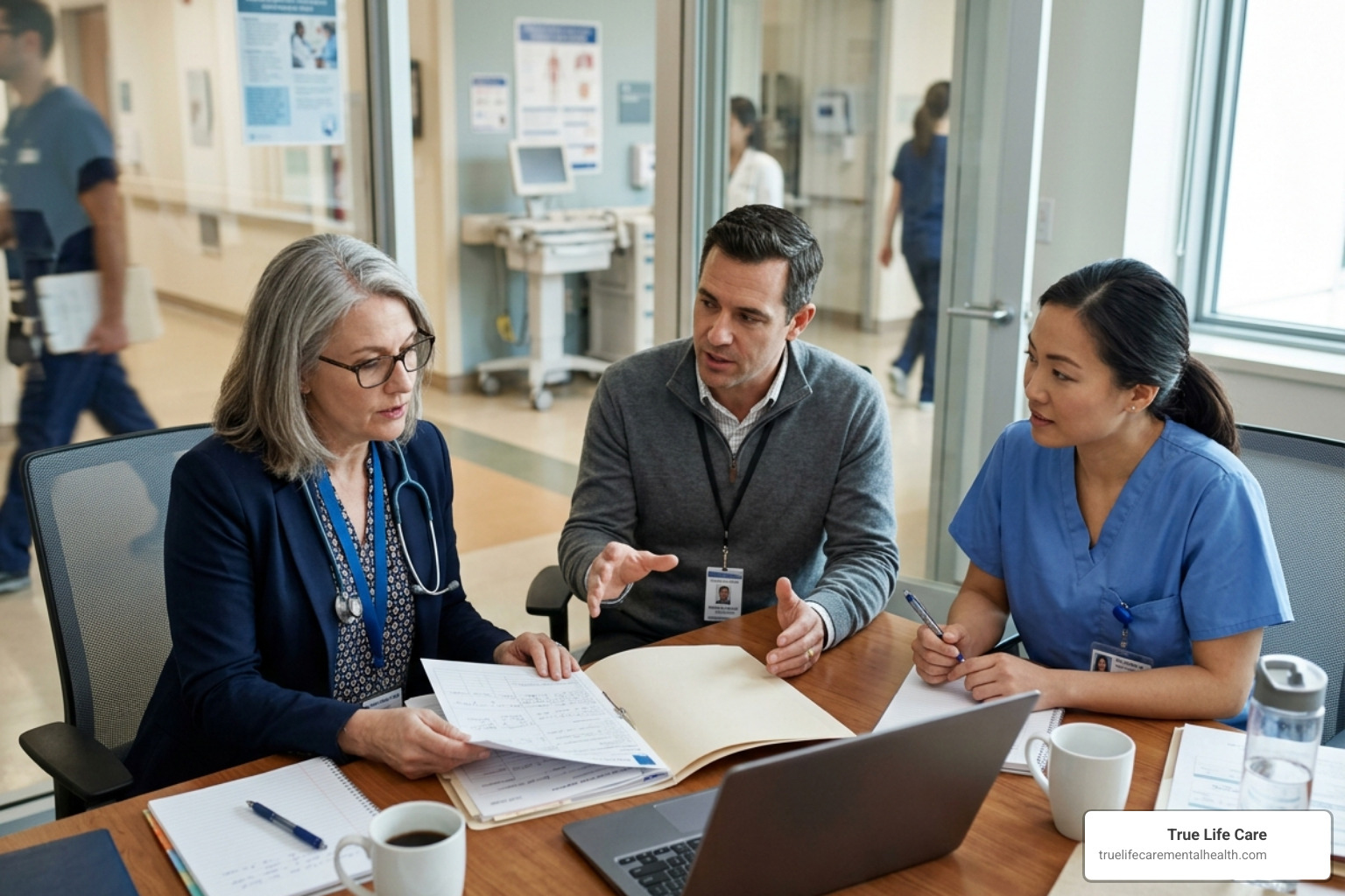 Multidisciplinary treatment team including a psychiatrist, therapist, and nurse discussing a patient's progress - inpatient