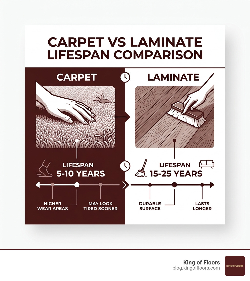 infographic comparing lifespan of carpet vs laminate - cost of replacing carpet with laminate infographic 