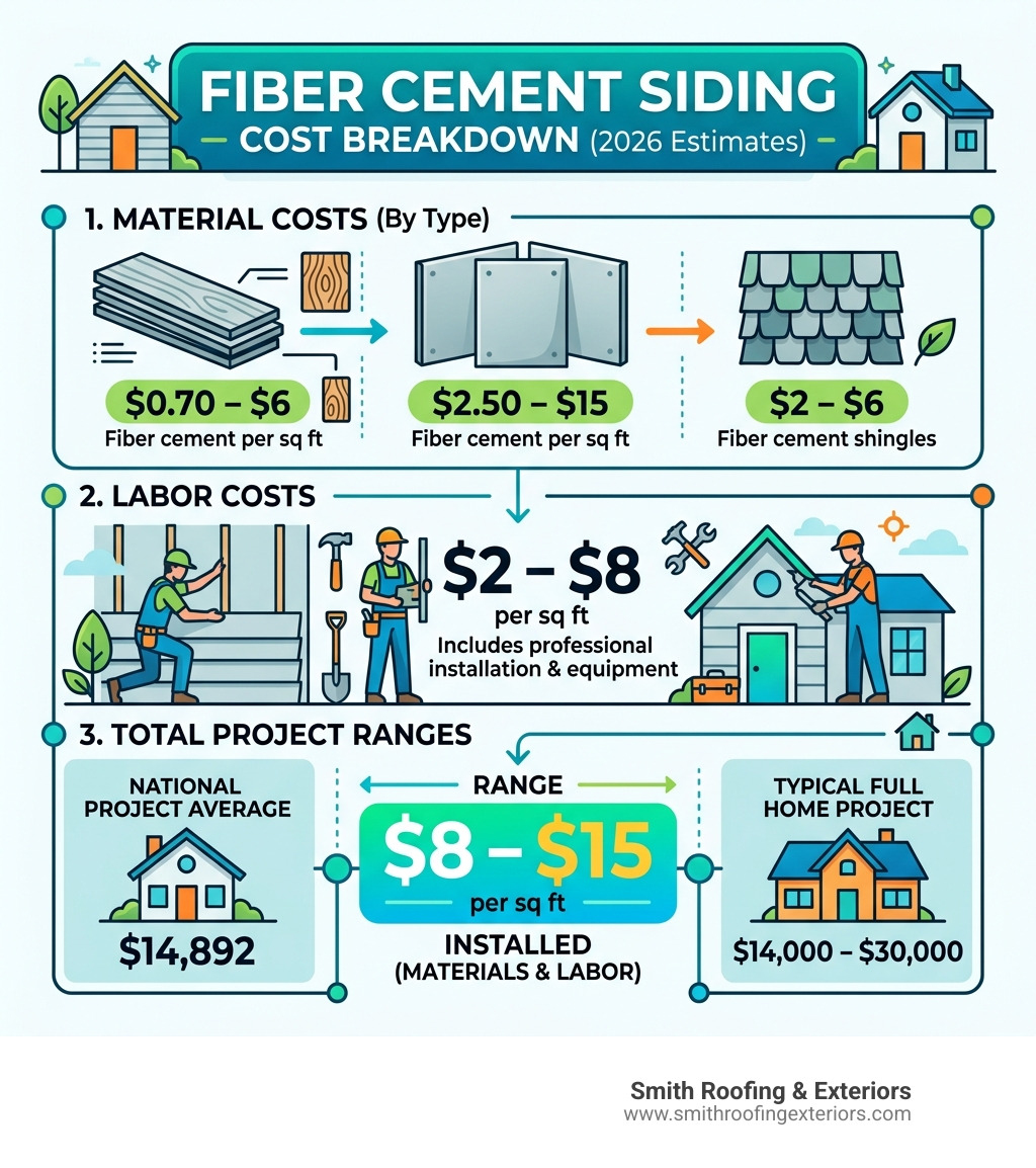 Fiber cement siding cost breakdown infographic: materials, labor, total project ranges by type - fiber cement siding cost Fiber cement siding cost breakdown infographic: materials, labor, total project ranges by type - fiber cement siding cost