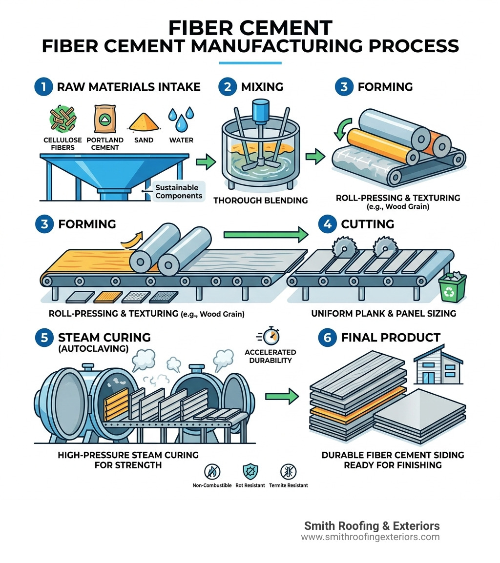 Infographic explaining the fiber cement manufacturing process from raw materials to steam curing - fiber cement siding cost Infographic explaining the fiber cement manufacturing process from raw materials to steam curing - fiber cement siding cost