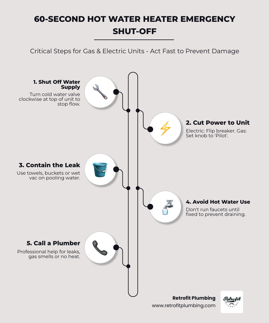 Infographic: 60-second hot water heater emergency shut-off sequence with steps for gas and electric units - hot water heater Infographic: 60-second hot water heater emergency shut-off sequence with steps for gas and electric units - hot water heater
