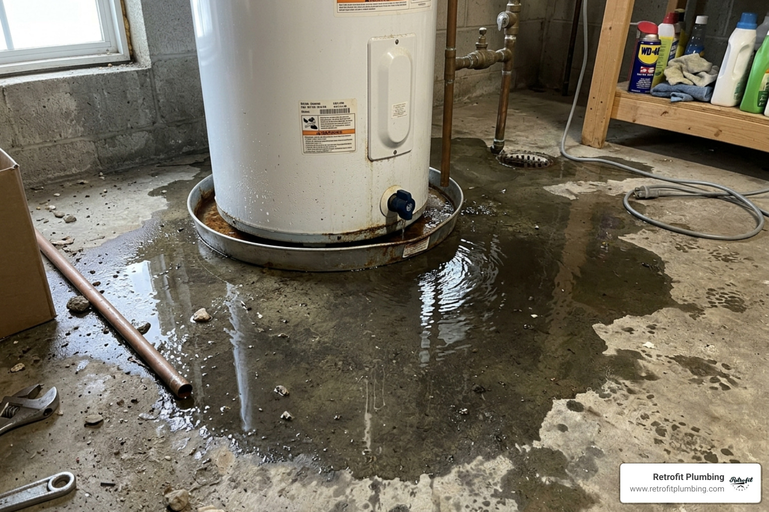 Water pooling around a water heater tank base indicating a leak - hot water heater emergency Water pooling around a water heater tank base indicating a leak - hot water heater emergency