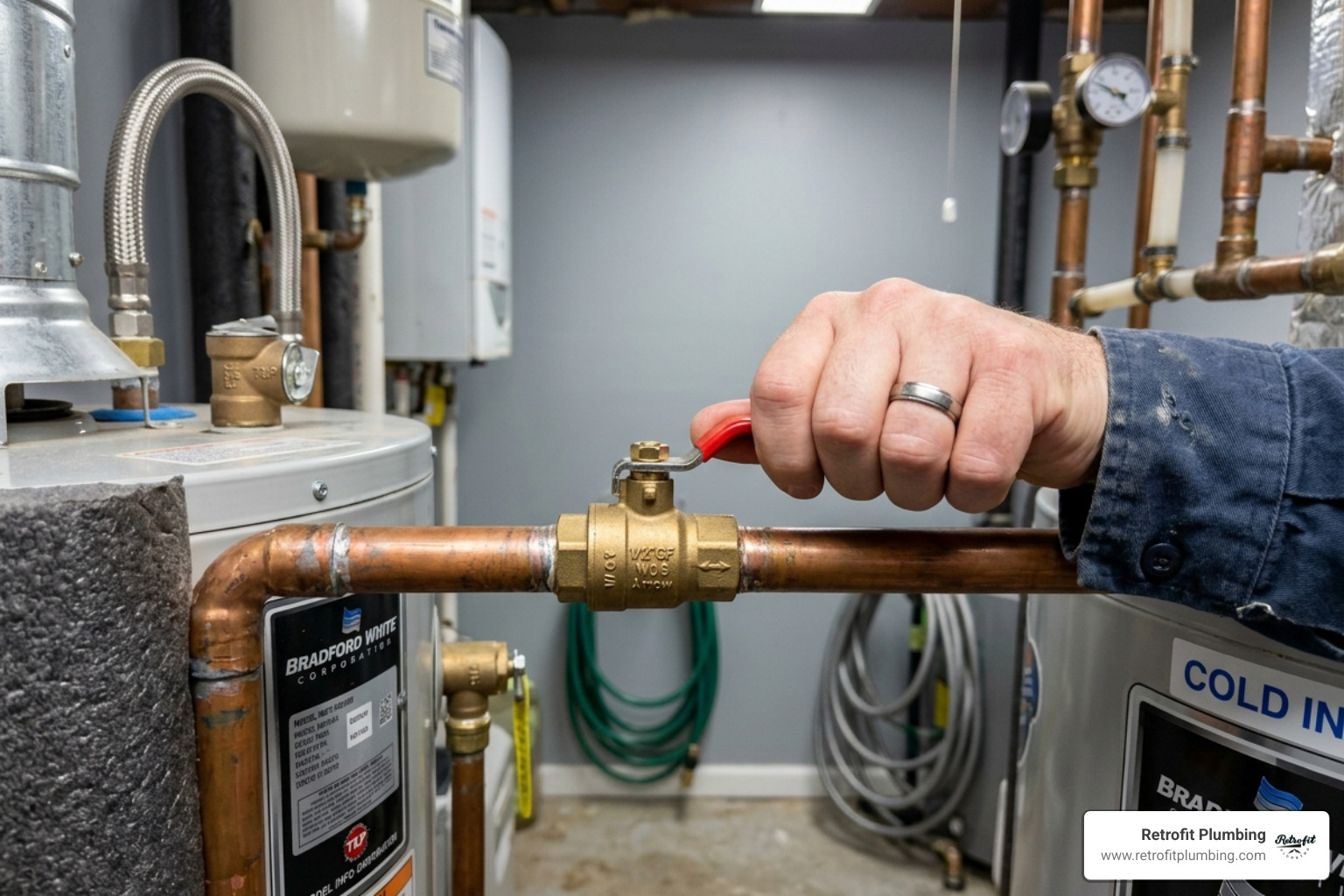 A hand turning a cold water shut-off valve clockwise to stop water flow - hot water heater emergency A hand turning a cold water shut-off valve clockwise to stop water flow - hot water heater emergency