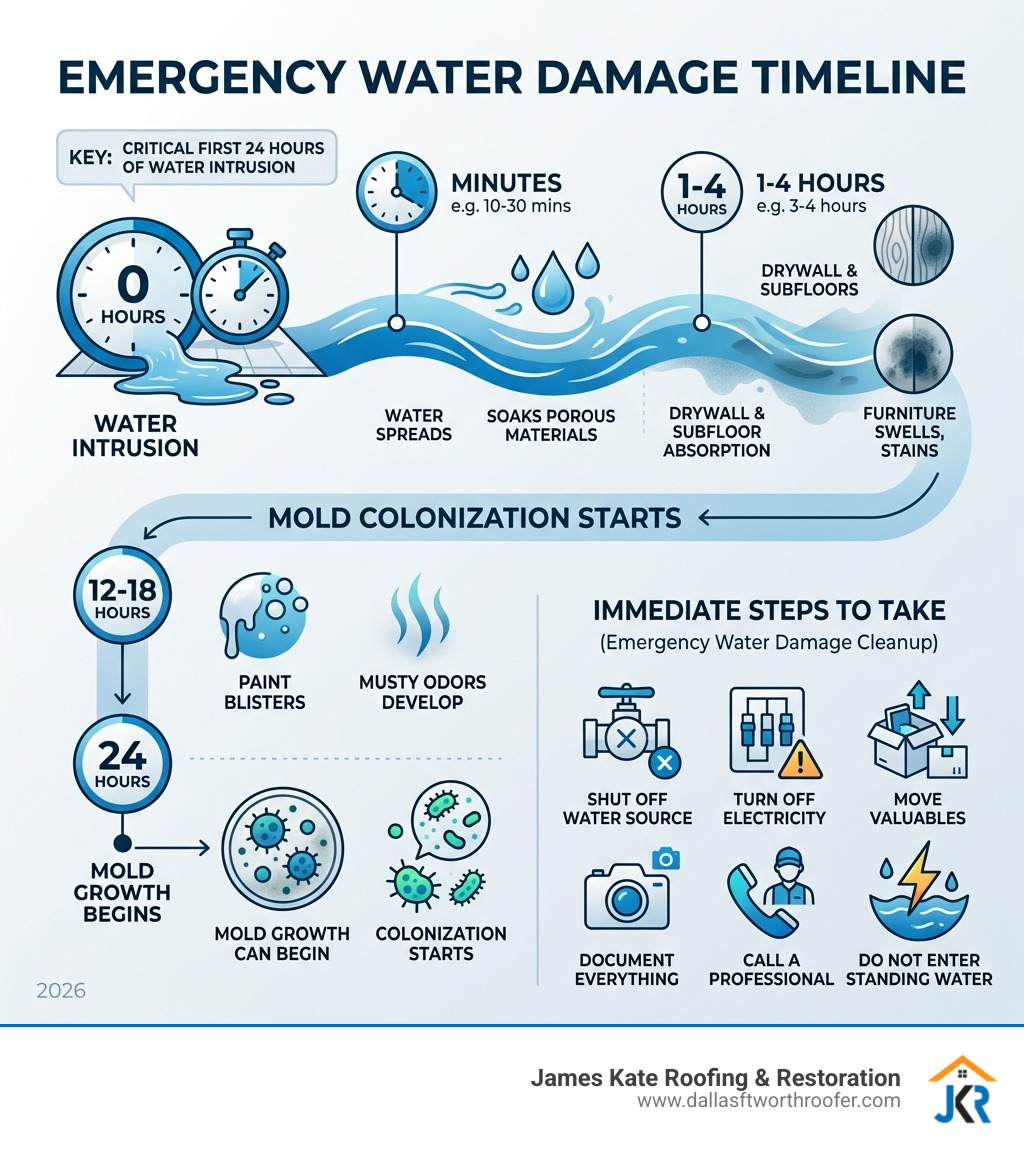 First 24 hours of water intrusion timeline from minutes to mold growth infographic - emergency water damage cleanup First 24 hours of water intrusion timeline from minutes to mold growth infographic - emergency water damage cleanup
