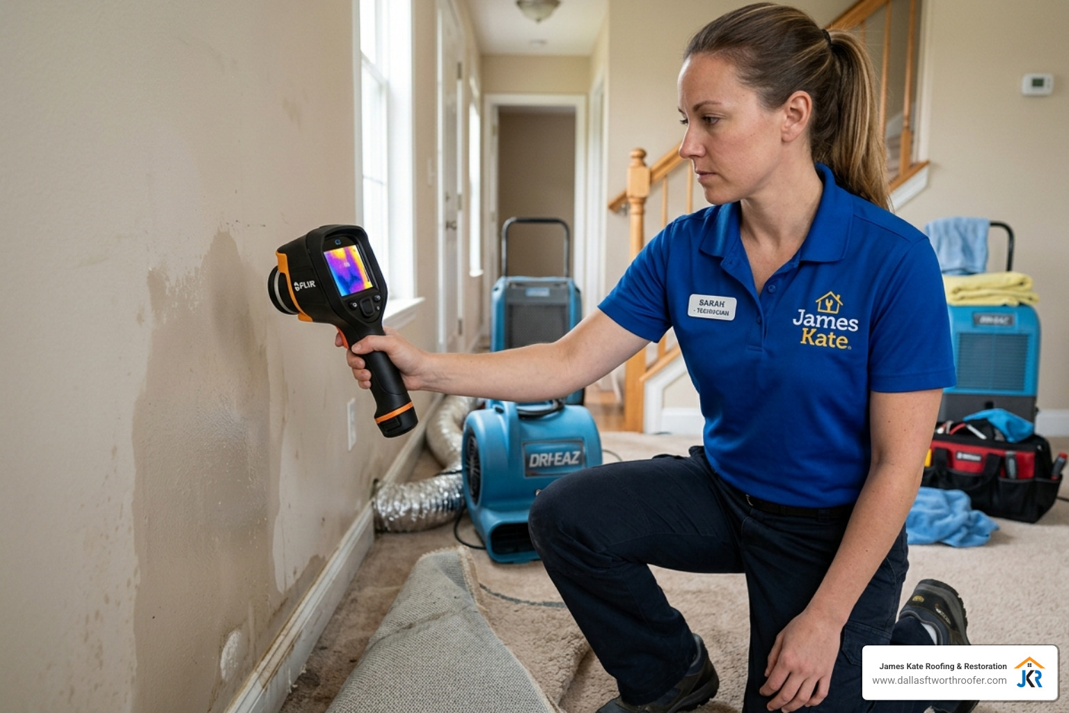 James Kate technician in royal blue shirt using a thermal imaging camera on a wet wall - emergency water damage cleanup James Kate technician in royal blue shirt using a thermal imaging camera on a wet wall - emergency water damage cleanup