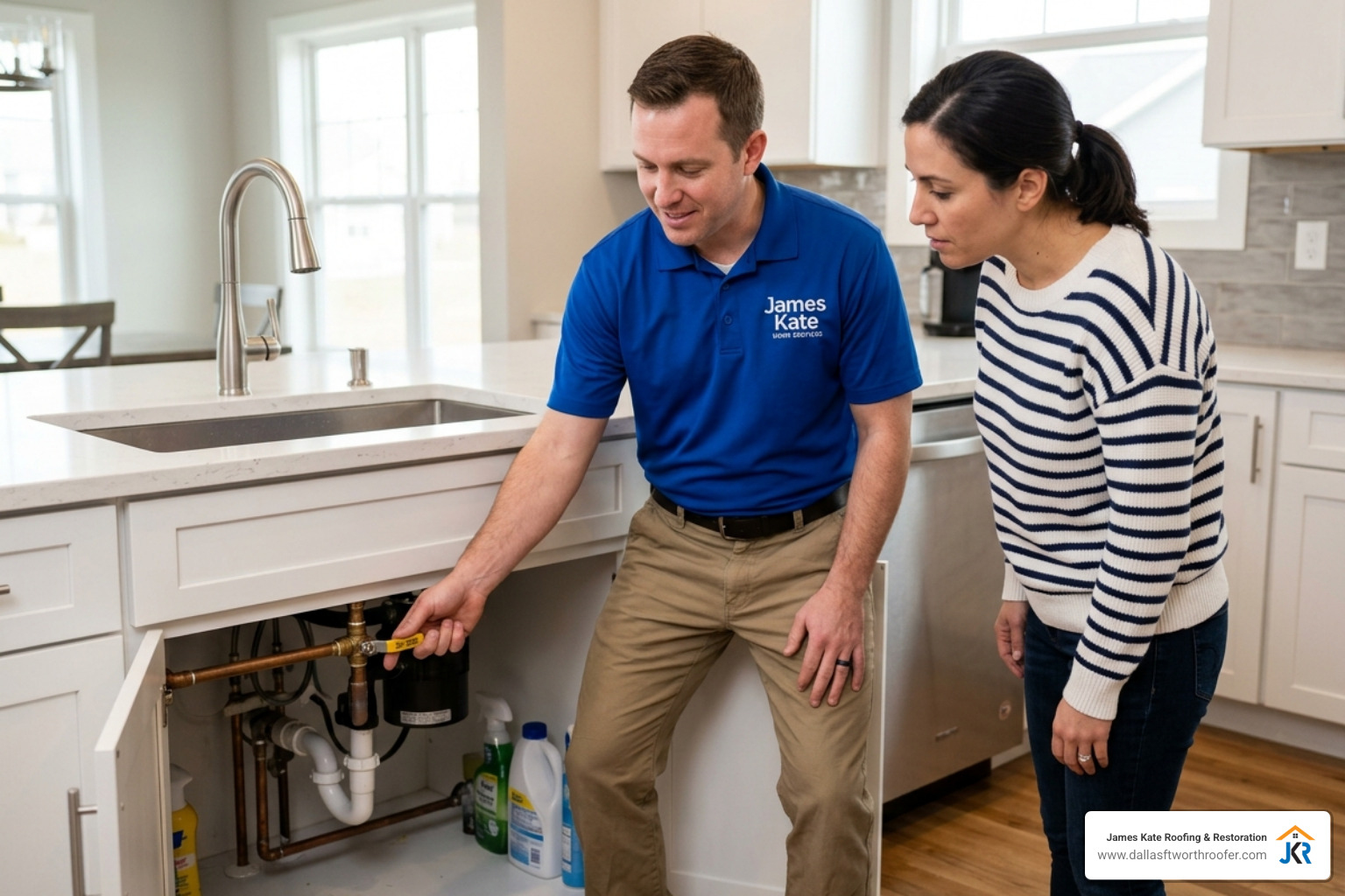 James Kate technician in royal blue shirt showing homeowner how to shut off a main water valve - emergency water damage James Kate technician in royal blue shirt showing homeowner how to shut off a main water valve - emergency water damage