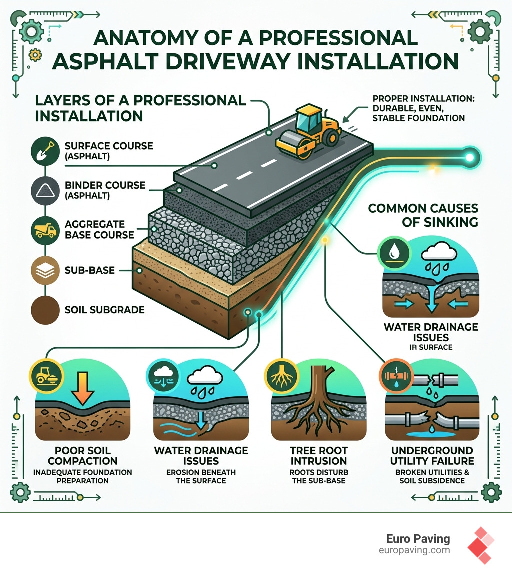Infographic showing layers of a professional asphalt driveway installation and common causes of sinking - sinking asphalt