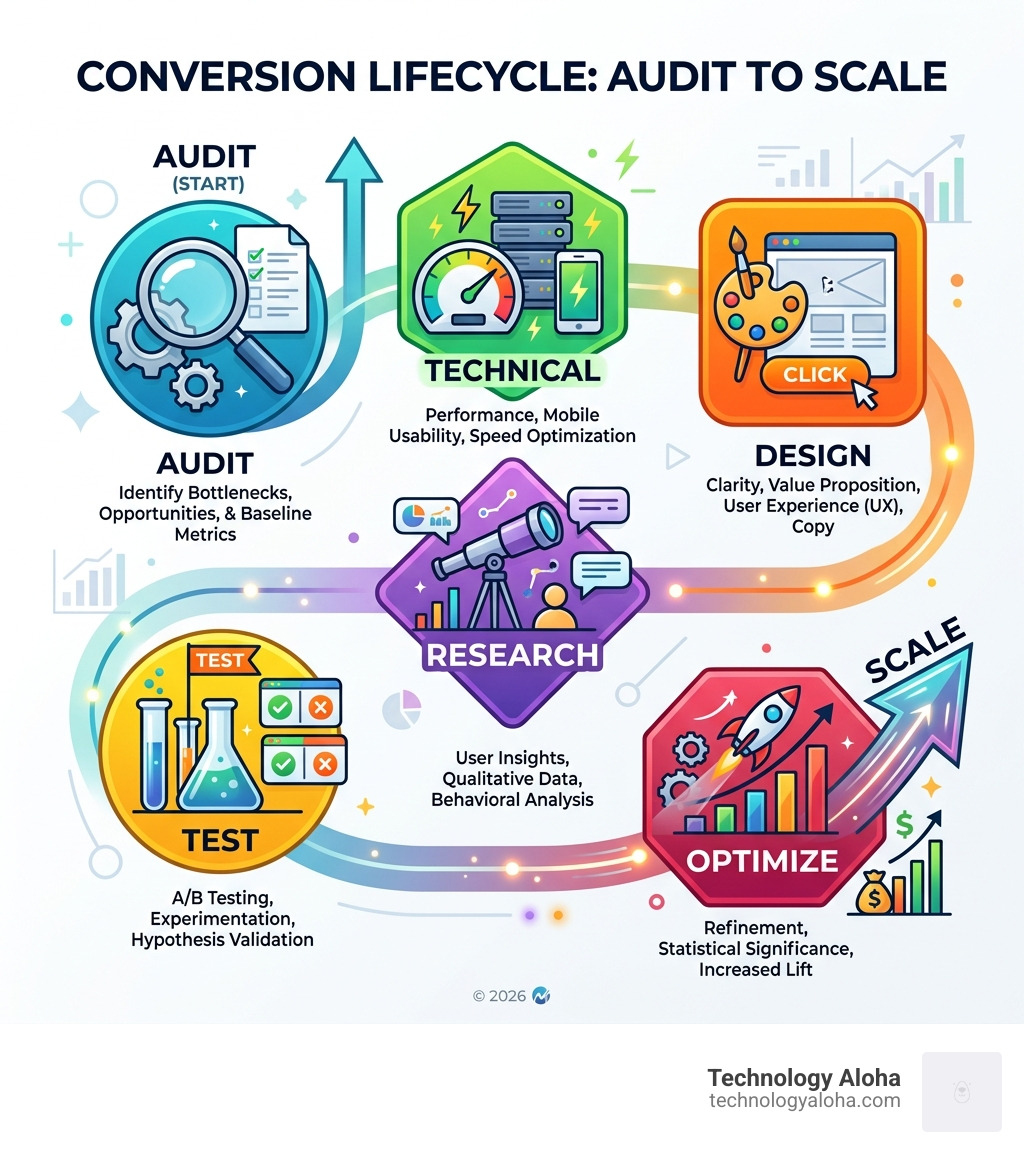 Conversion lifecycle infographic from audit to scale with phases: technical, design, research, test, optimize - conversion