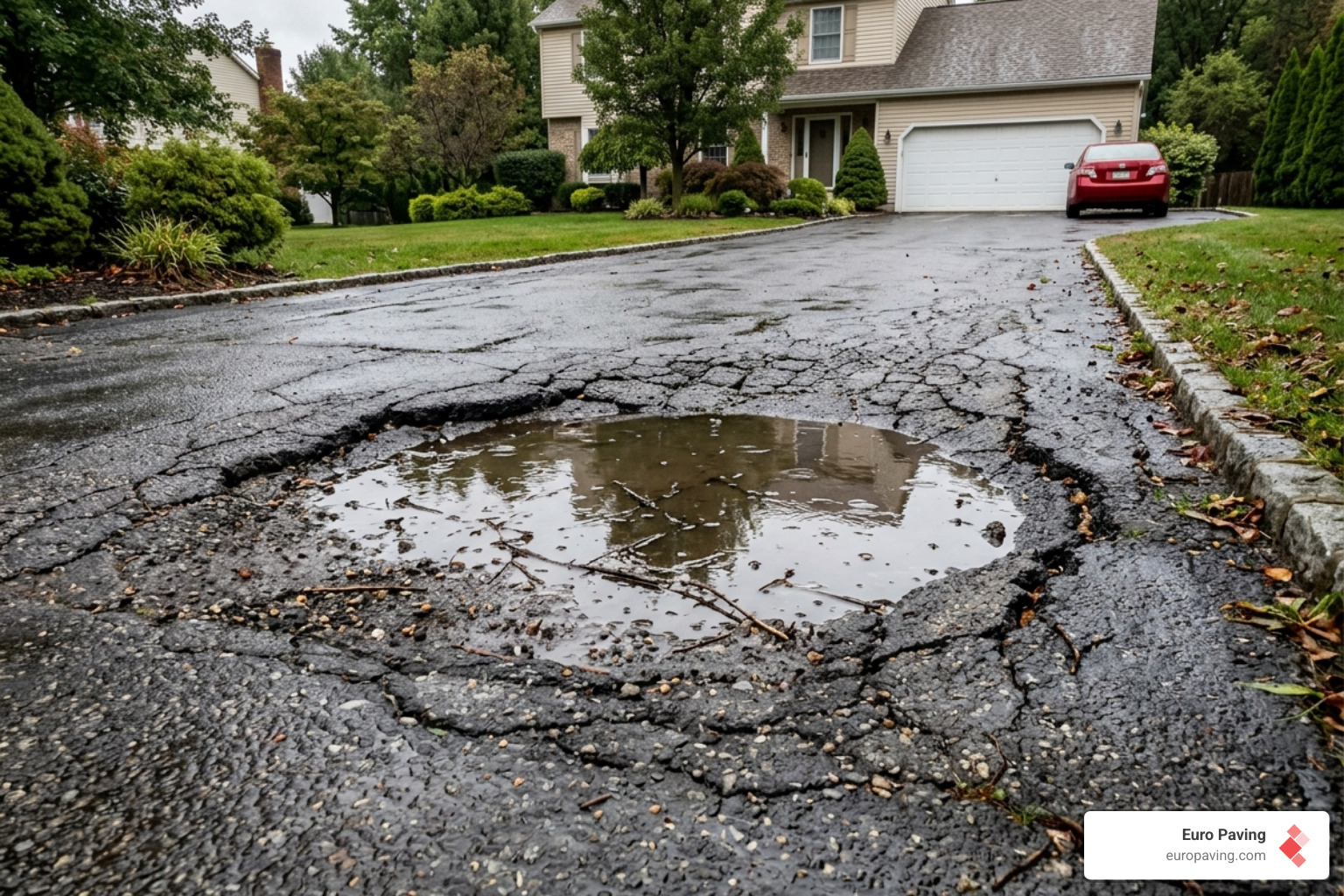 water pooling on uneven pavement indicating sub-base failure - sinking asphalt driveway