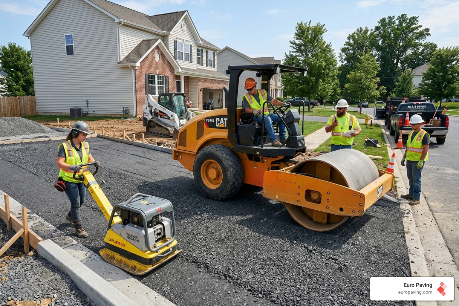 paving crew reinforcing a driveway base with heavy machinery - sinking asphalt driveway