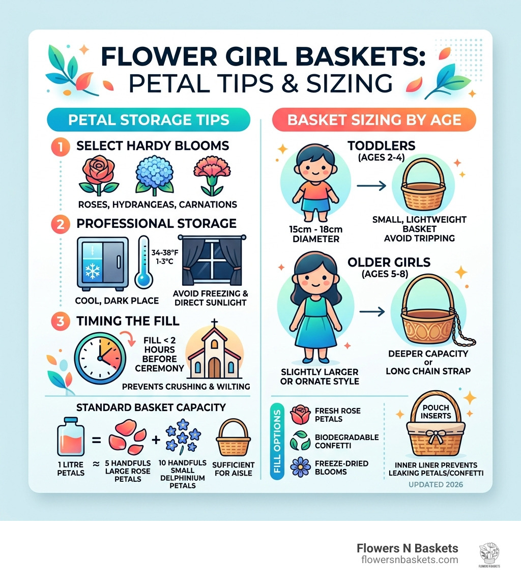 infographic showing petal storage tips and basket sizing by age - Flower girl baskets infographic infographic showing petal storage tips and basket sizing by age - Flower girl baskets infographic