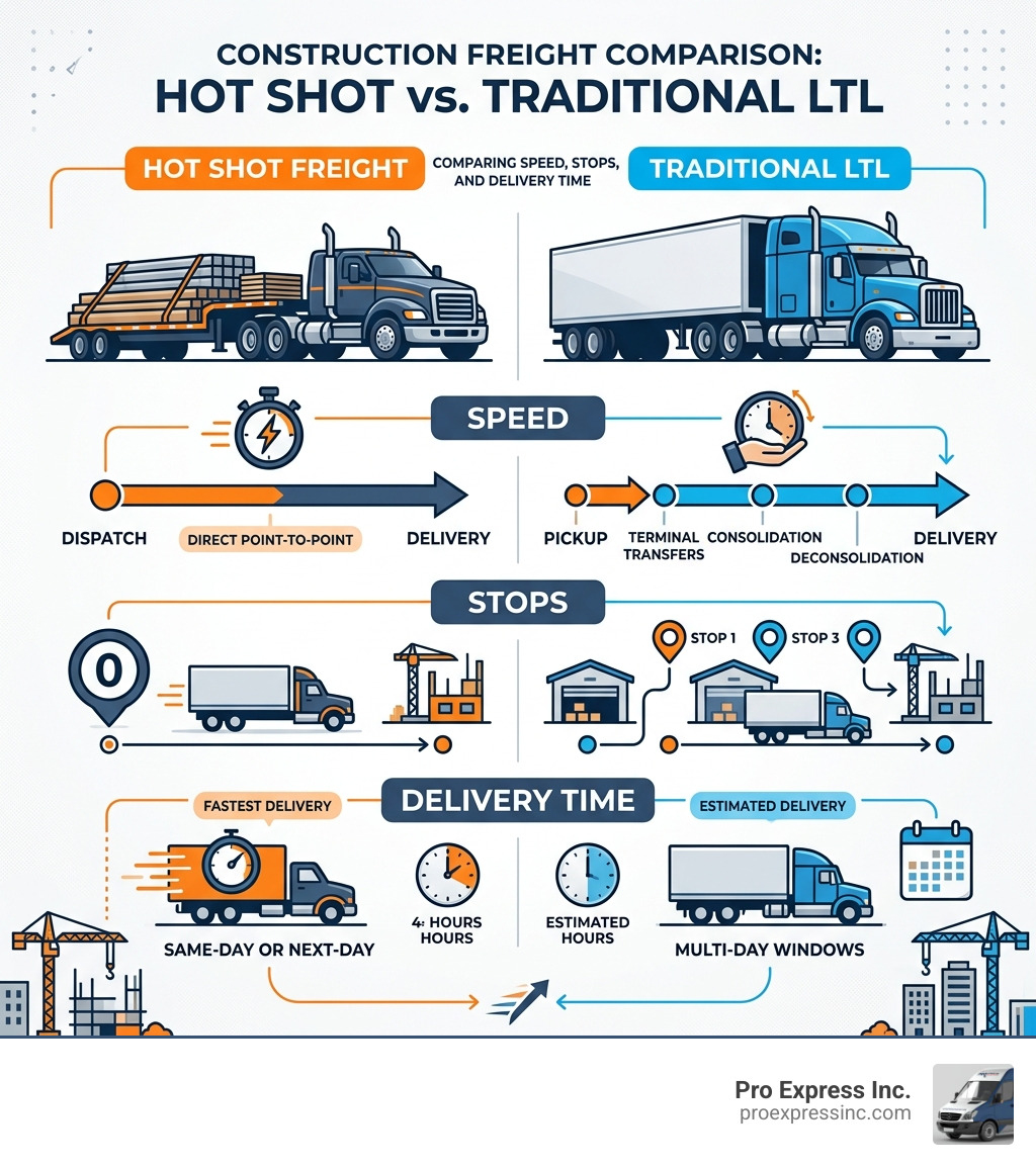 Infographic comparing hot shot freight vs traditional LTL for construction: speed, stops, and delivery time - construction Infographic comparing hot shot freight vs traditional LTL for construction: speed, stops, and delivery time - construction