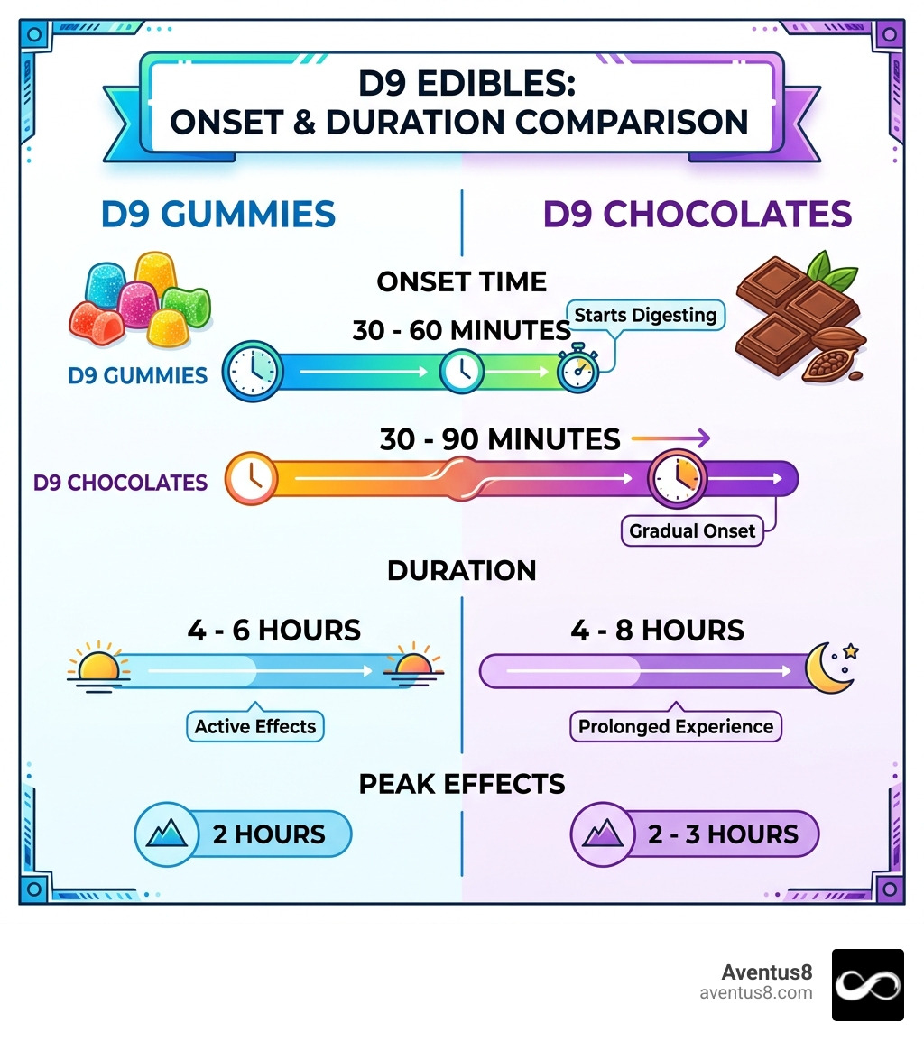 Table comparing onset times and duration for gummies vs chocolates - buy d9 thc chocolates infographic Table comparing onset times and duration for gummies vs chocolates - buy d9 thc chocolates infographic