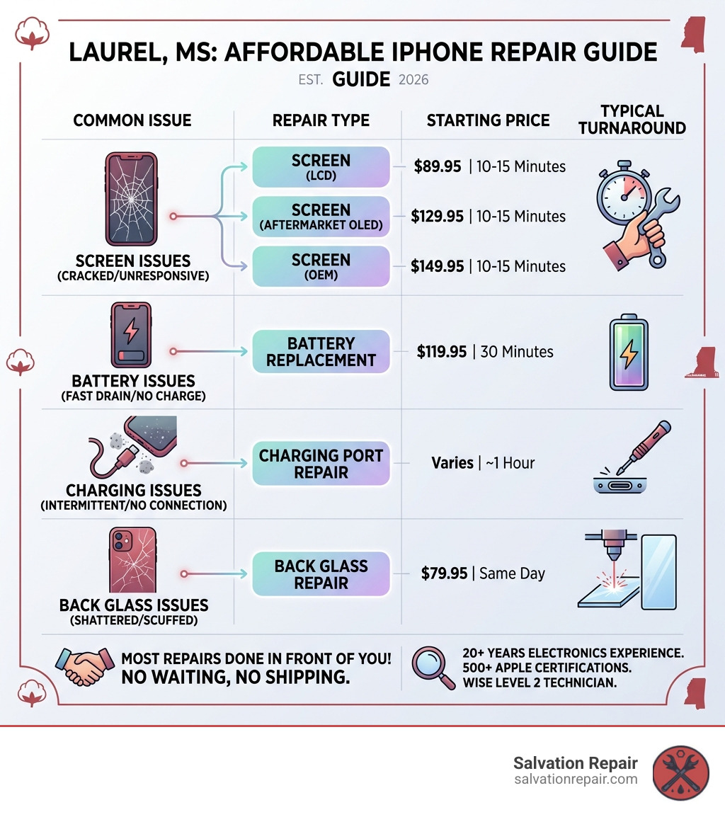 Infographic showing common iPhone issues, repair types, costs, and turnaround times in Laurel MS - affordable iPhone repair
