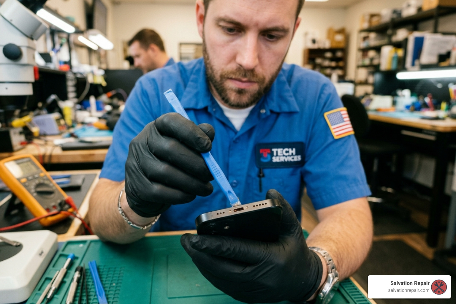 Technician using a specialized tool to clean an iPhone charging port - affordable iPhone repair Laurel