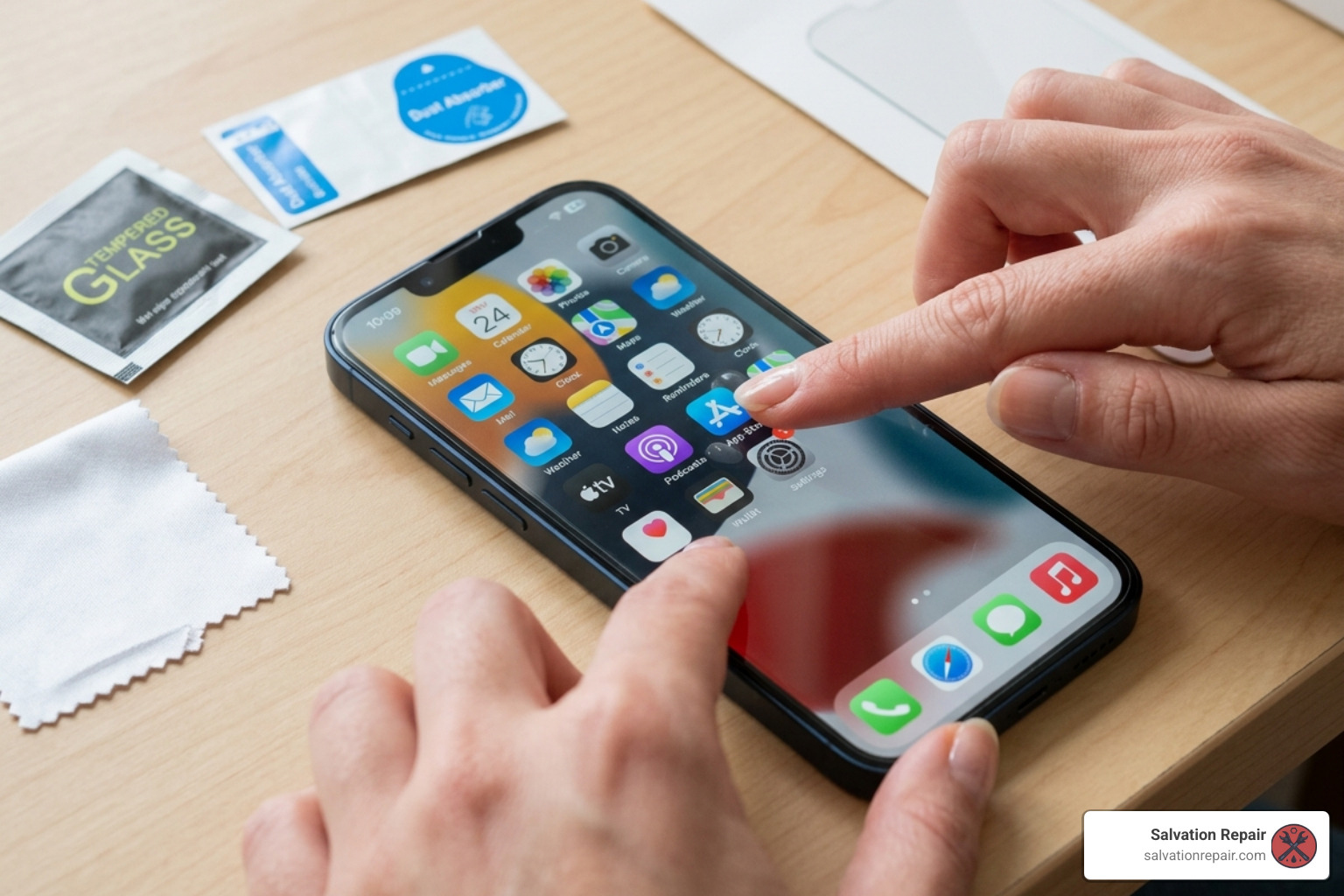 A high-quality tempered glass screen protector being applied to an iPhone - affordable iPhone repair Laurel