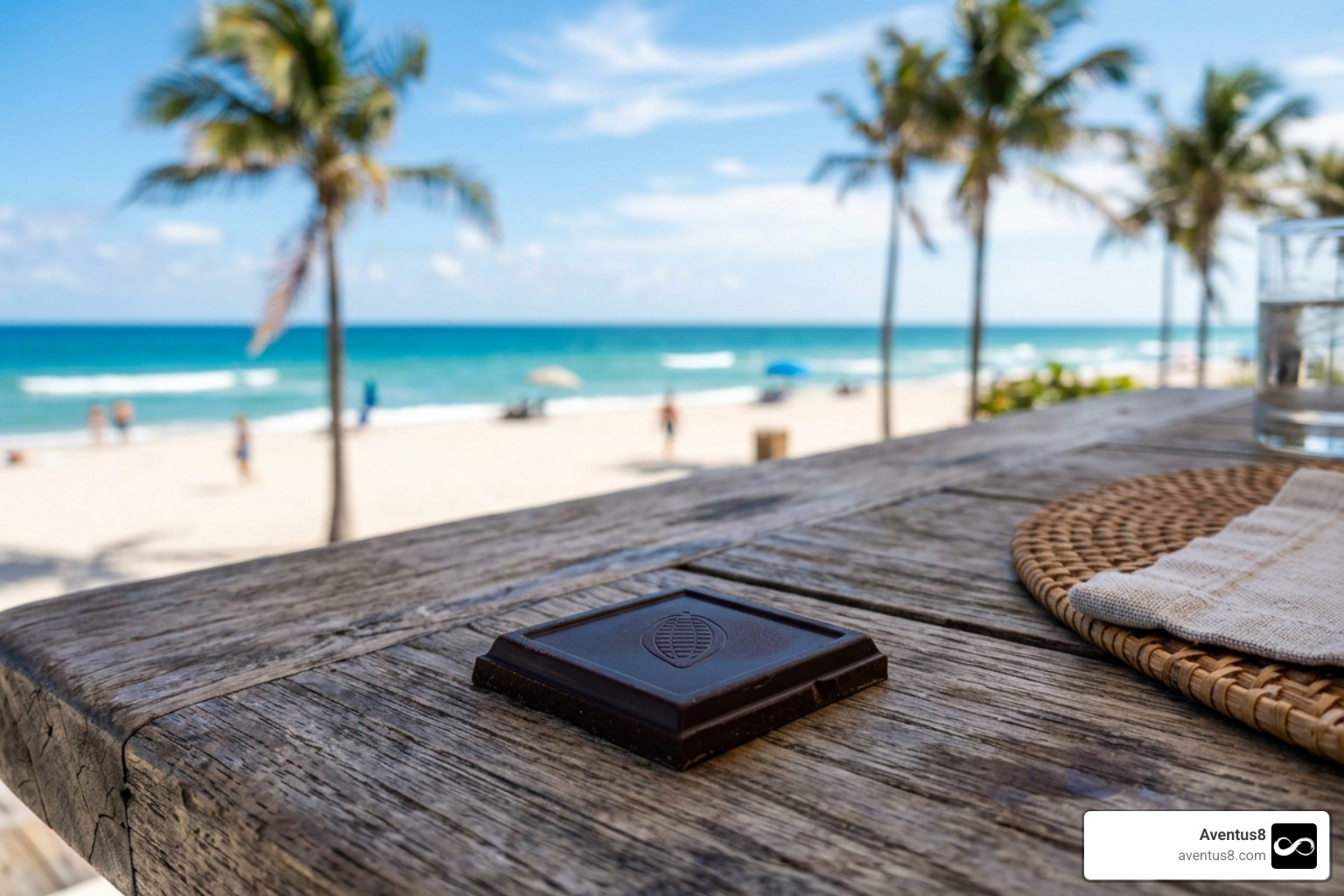 Aventus8 premium dark chocolate square on a wooden table in Hollywood FL - buy d9 thc chocolates Aventus8 premium dark chocolate square on a wooden table in Hollywood FL - buy d9 thc chocolates