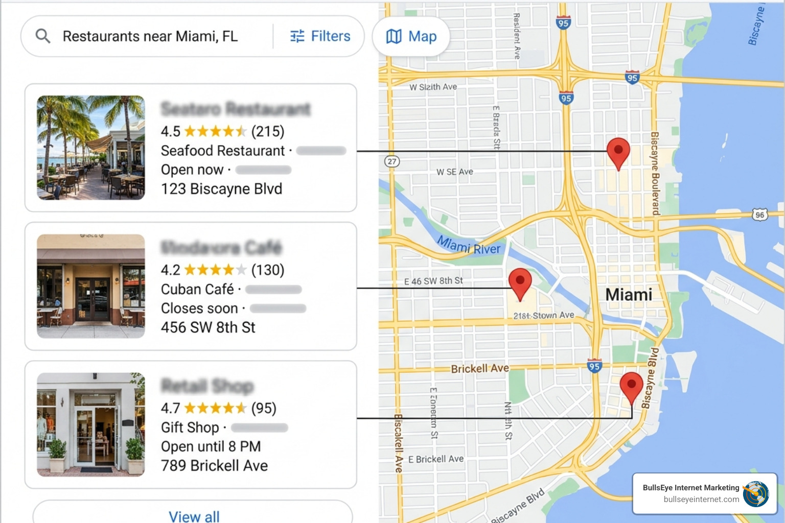 Google Maps 3-Pack showing local South Florida businesses - South Florida local SEO