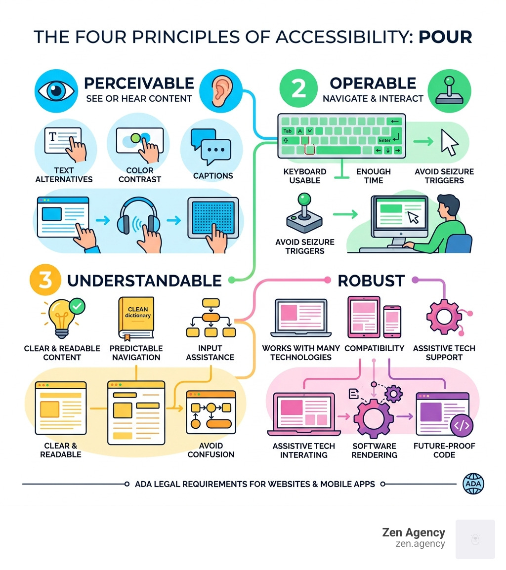 Infographic showing the POUR principles: Perceivable, Operable, Understandable, Robust - ADA legal requirements infographic Infographic showing the POUR principles: Perceivable, Operable, Understandable, Robust - ADA legal requirements infographic